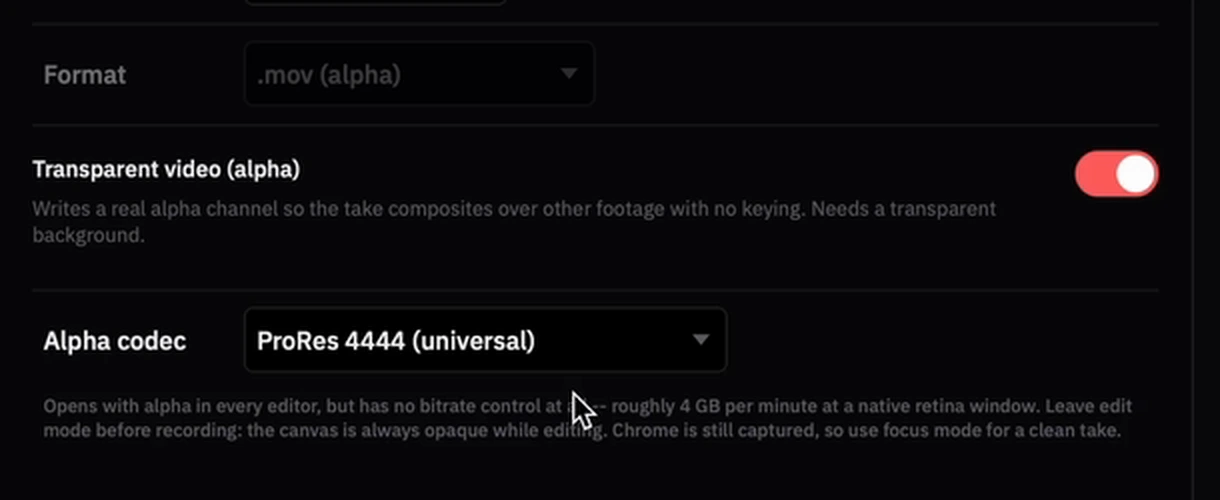 Transparent video (alpha) switched on