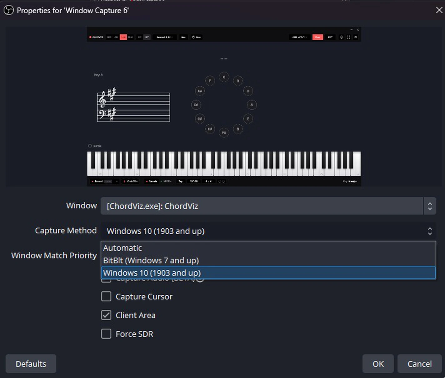 OBS Window Capture properties on Windows, with Capture Method set to Windows 10 (1903 and up) and Capture Cursor unticked